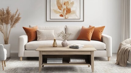 A cozy living room setup featuring a lift-top coffee table with storage for books