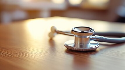 Close-up of a stethoscope resting on a wooden desk, illuminated by warm natural light, symbolizing healthcare and medical practice.