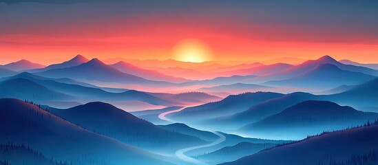 Obraz premium Serene Sunset Landscape Misty Mountains, Winding River, Colorful Sky