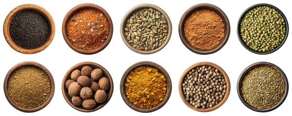 A Colorful Array of Spices in Bowls Showcasing a Rich Culinary Heritage and Diverse Flavors for Cooking Enthusiasts and Food Lovers. Piquant food set.