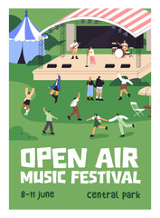 Event poster design of open air music festival in park. Promotion template of concert with dancing audience near stage. Advertising layout of summer performance outdoors. Flat vector illustration