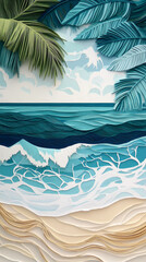 Obraz premium Layered paper art depicting ocean wave breaking on sandy beach, framed by tropical palm leaves, creating a tranquil seascape scene, ideal for summer or travel themes