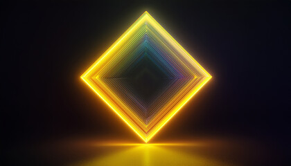 Abstract neon yellow rhombus shape, glowing frame. Holographic gradient geometric figure. 3D render