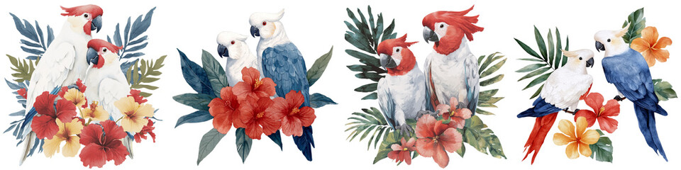 A poster featuring a watercolor illustration of parrots and tropical flowers is set against a white isolated background