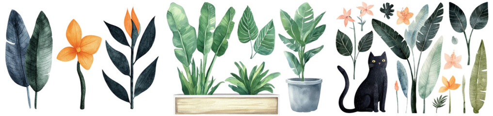 An isolated white background is the setting for a beautiful watercolor illustration of tropical flowers and leaves