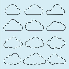 Cloud outlines on a light blue background. Cloud shapes vary slightly. Simple cloud designs. Minimalist cloud outlines. Perfect for cloud-themed projects. Weather illustration, vector set.