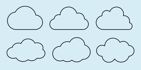 Cloud outlines on a light blue background. Cloud shapes vary slightly. Simple cloud designs. Minimalist cloud outlines. Perfect for cloud-themed projects. Weather illustration, vector set.