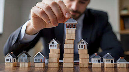 Building a Strong Foundation: A businessman strategically arranges miniature houses on wooden blocks, symbolizing a structured approach to property investment, growth, and financial stability.