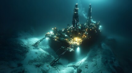 An illuminated offshore oil rig submerged in the dark ocean depths during a night operation. Oil Production Process Theme Background An Underwater Oil Rig extraction