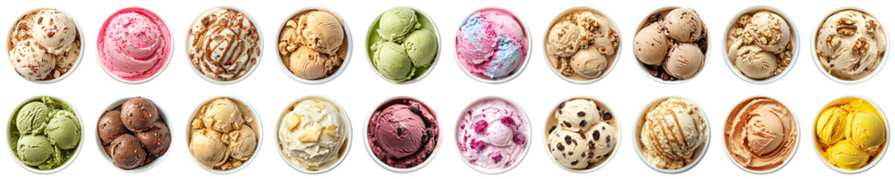 Colorful Assortment of Ten Different Ice Cream Flavors in Cups, Featuring Varied Toppings and Textures Ideal for Summer Desserts and Treats. Piquant food set.