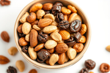 Healthy trail mix image featuring almonds, peanuts, raisins, and chocolate candies, fast-food image isolated white background