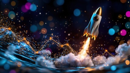 Rocket ship with a light bulb engine launching, symbolizing innovation and startup success dark background copy space for text