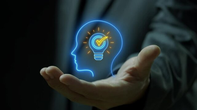 Strategic innovation concept, systematic process for developing and implementing new ideas and products that help an organization grow and compete. Creative solutions icon on virtual screen.