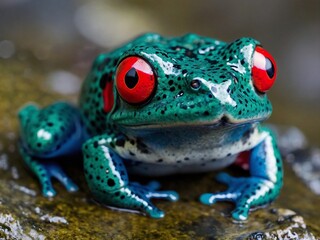 Close-up of a vibrant teal frog with red eyes, whimsical look