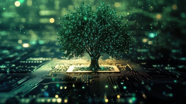 A luminous tree growing on a technological circuit board platform