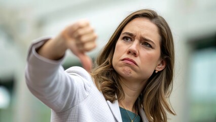 Fototapeta premium The woman looking away with a thumbs-down, showing her disapproval.