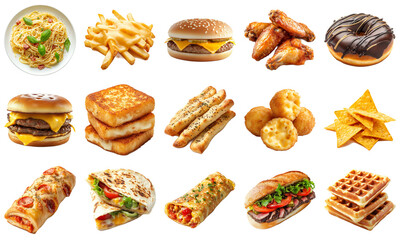 Assorted Fast Foods Including Burgers, Fries, Chicken Wings, Doughnuts, and More on a White Background for Culinary Inspiration and Marketing. Piquant food set.