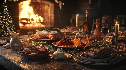 Rustic table setting with traditional foods and warm fire