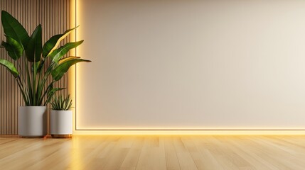 Modern interior design featuring potted plants and ambient lighting in a minimalist space
