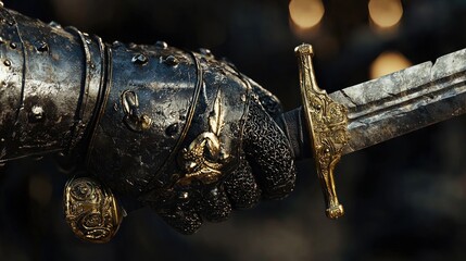 Fototapeta premium A Knight's Hand Gripping a Medieval Sword