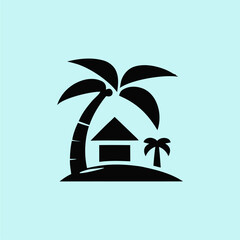 Minimalist Beach Hut and Palm Tree Icon – Vector Illustration