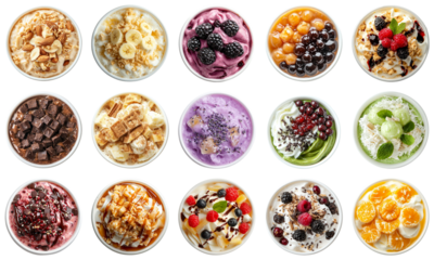Assorted Frozen Desserts in Vertical Layout with Variety of Flavors Including Fruits, Chocolate, and Nuts in Small Cups for Sweet Treats. Piquant food set.