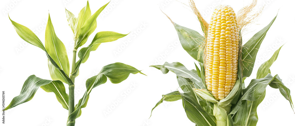 Poster an image of a young green corn stalk is presented in isolation on a white background, capturing a sp