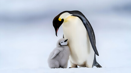 Fototapeta premium Emperor Penguin Parent And Chick On Snow