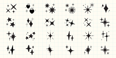 Collection of black star and sparkle icons. Stars and sparkles in various shapes. Star icons and sparkle designs on a grid. Decorative star and sparkle set. Element vector set.