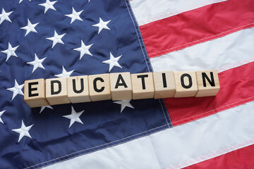 Education in USA and US Education Department are shown with US flag. United States school student graduation
