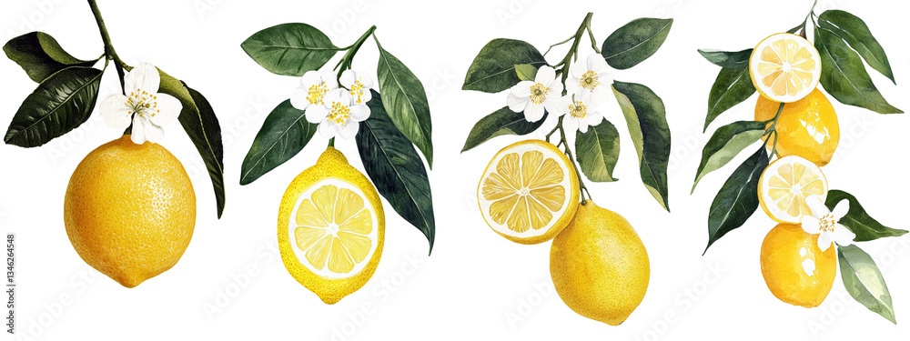 Poster the watercolor illustration features a blooming citrus branch with a ripe lemon, isolated on a white