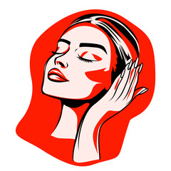 Vermilion Red Pop Art Female Face Illustration for Modern Art Decor, Vector Design, Isolated