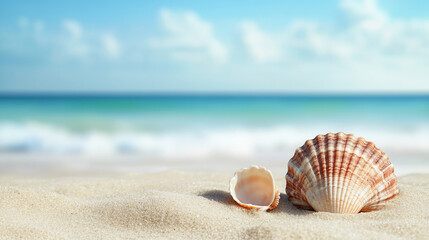 Seashells on sandy beach, ocean background, showcasing summer vacation concept.  Free space for text.