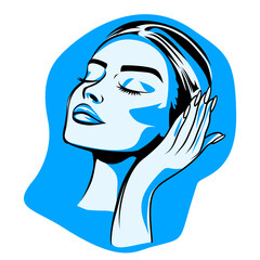 Sky Blue Minimalist Female Face for Skincare and Relaxation Branding, Vector Design, Isolated