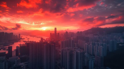 Obraz premium A dramatic red sunset lit up the city skyline, tall buildings towering in the sky, the reds and oranges contrasting brightly.