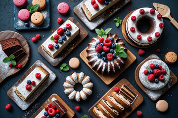 Overhead shot of assorted cakes and macarons with fresh berries, showcasing the colorful variety and elegant presentation of gourmet desserts