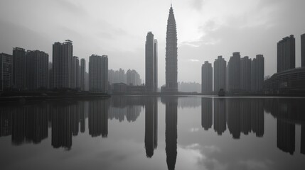 Gray cityscape skyline reflected in calm water. Use Stock photo