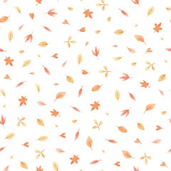 Pattern with autumn leaves. Watercolor seamless texture with yellow leaves on white background.