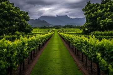 Naklejka premium A charming vineyard in Tasmania, with rows of grapevines stretching towards a distant mountain range