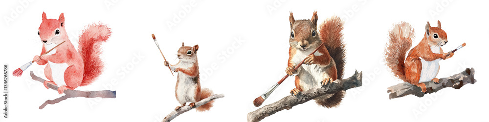 Aufkleber a branch holds a squirrel in this watercolor artwork, which has been set against a simple white back