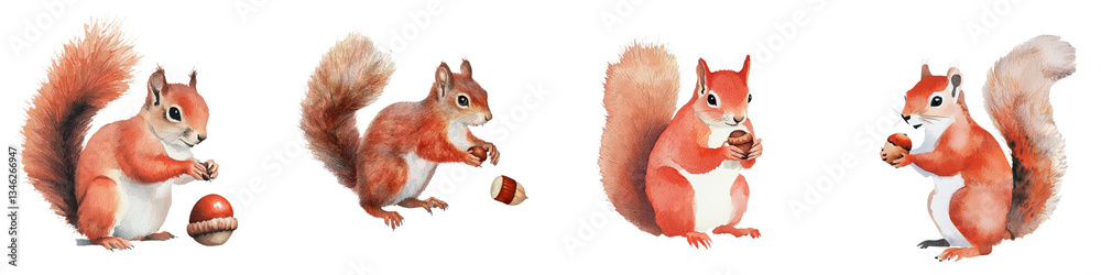 Aufkleber an isolated white background provides the setting for a watercolor painting of a squirrel with a nut
