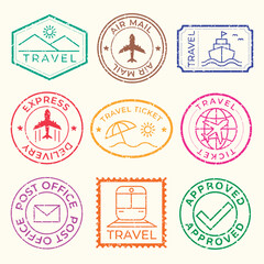 Colorful travel stamps with travel themes like airplanes, ships, and tickets. Travel stamps for travel documents, travel souvenirs, and travel collections. Colorful travel stamps, vector set. © Rawpixel.com
