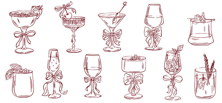 Coquette cocktails and drinks hand drawn set. Cute aesthetic glasses with ribbon and bow in sketch style. Decoration bachelorette party elements for wedding invitations. Line art vector
