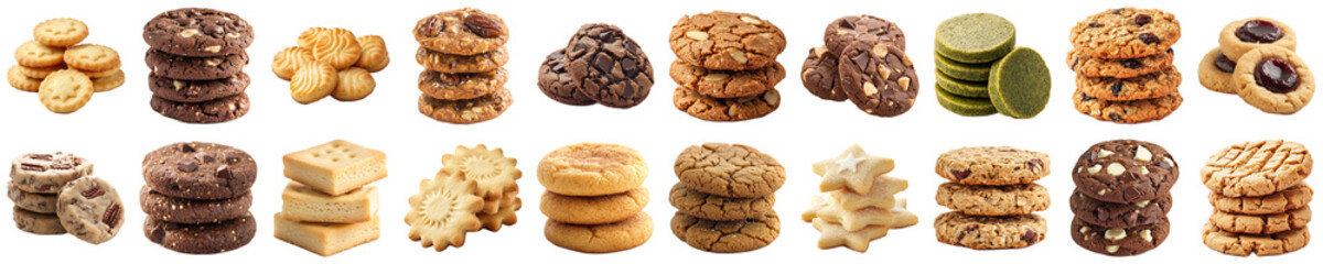 Variety of Delicious Bakery Biscuits and Cookies Arranged Neatly, Displaying Different Textures, Colors, and Flavors for Food Enthusiasts and Culinary Inspirations. Piquant food set.