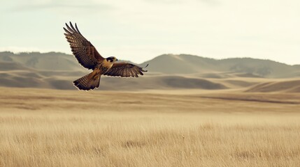 A majestic bird soars across a vast open grassland landscape
