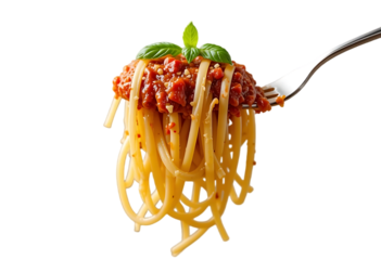 Classic spaghetti with bolognese sauce hanging on fork isolated on white background – perfect for food photography