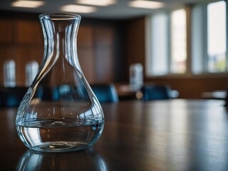 Close-up of a water carafe in a conference room with blurred background
