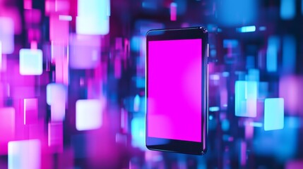 A vibrant digital tablet floating amidst colorful abstract shapes and glowing lights