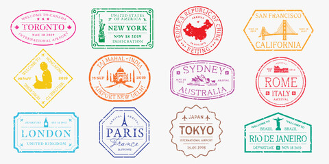 Colorful travel stamps featuring planes, boats, and trains. Travel icons include air mail, express delivery, and post office themes. Travel and transport stamps. Colorful travel stamps, vector set. © Rawpixel.com
