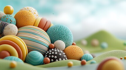 Whimsical Pastel Spheres on a Green Hill Landscape